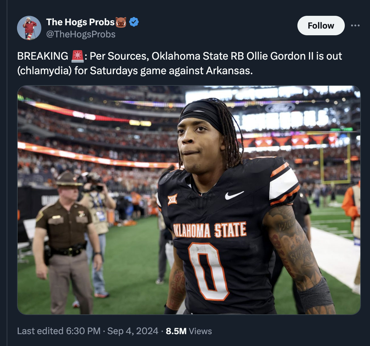 ollie gordon ii - The Hogs Probs Breaking Per Sources, Oklahoma State Rb Ollie Gordon Ii is out chlamydia for Saturdays game against Arkansas. Klahoma State 0 Last edited 8.5M Views Sta